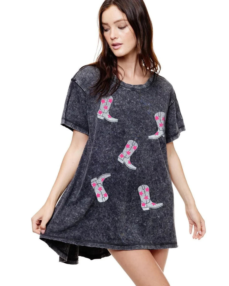 Metallic Cowboy Boots Graphic Tunic Top-Shirts & Tops-Zutter-S/M-Black-taninitrio