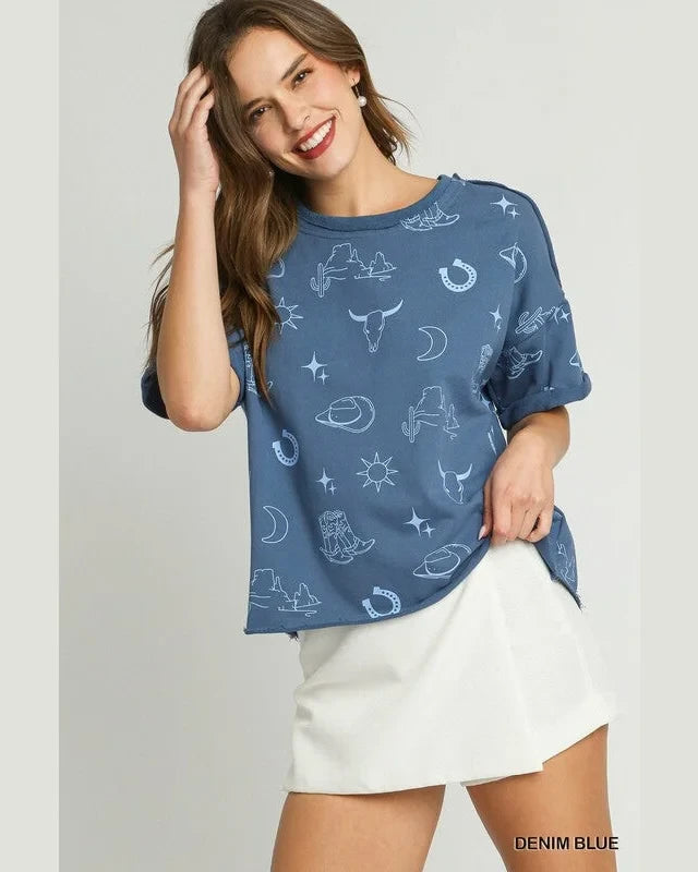 Cowgirl Graphic Top-Shirts & Tops-Umgee-Small-Denim-taninitrio