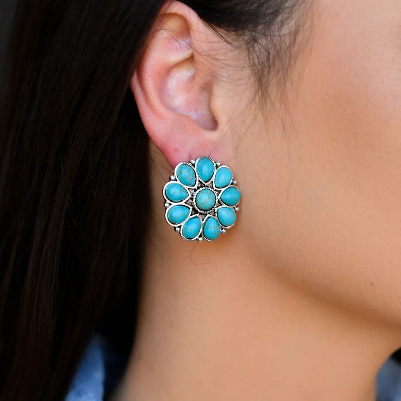 Turquoise Stud Flower Earrings-Earrings-West & Co-taninitrio