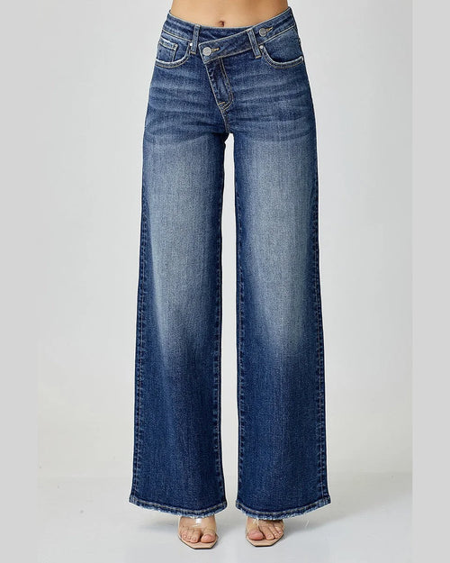 Mid Rise Crossover Wide Leg Jeans-Jeans-Risen Jeans-1-Dark-taninitrio