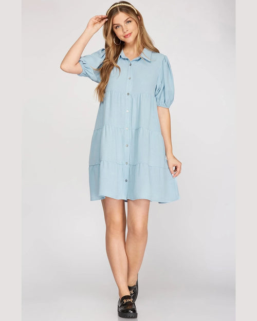 Puff Sleeve Tiered Shirt Dress-Dresses-She + Sky-Small-Lt. Blue-taninitrio