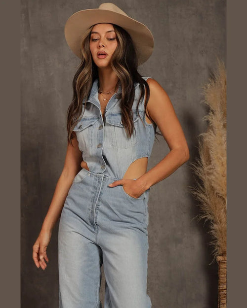 Cut Out Denim Jumpsuit-Jumpsuit-Blue Buttercup-Small-Blue Denim-taninitrio