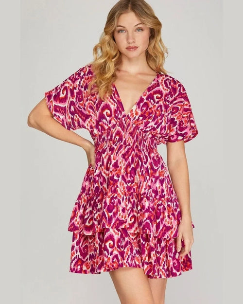 Short Sleeve Woven Print Tiered Dress-Dresses-She + Sky-Small-Fuchsia-taninitrio