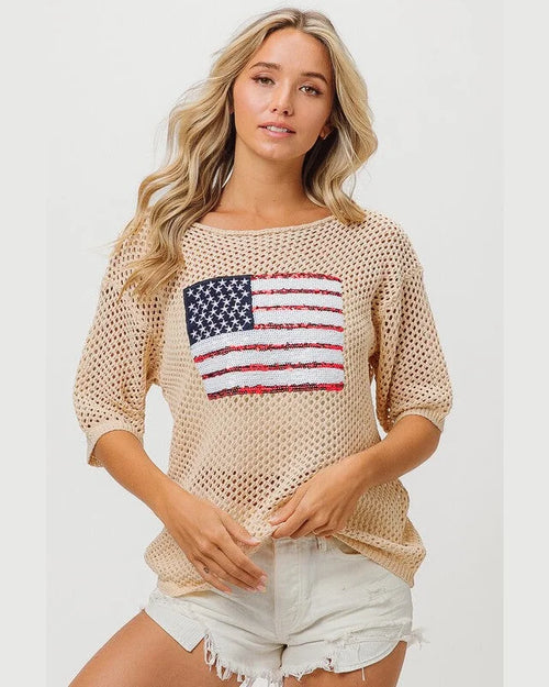 Sequin Flag Cover Up-Shirts & Tops-BiBi-Oatmeal-Small-taninitrio