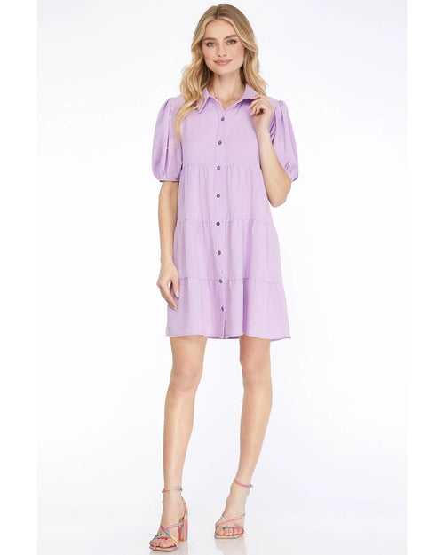 Short Puff Sleeve Shirt Dress-Dresses-She+Sky-Small-Lilac-taninitrio