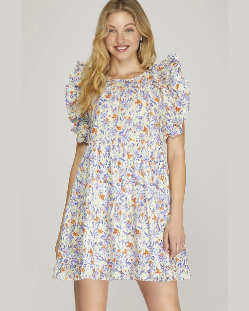 Ruffle Sleeve Floral Printed Dress-Dresses-She + Sky-Small-Cream/Blue-taninitrio