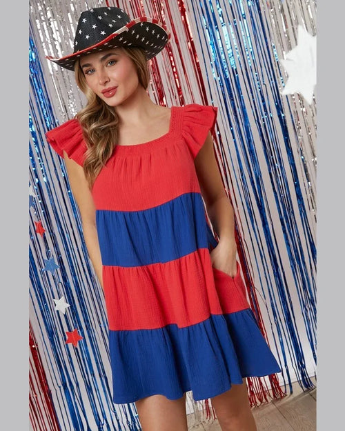 Color Block Gauze Dress-Dresses-Peach Love California-Small-Red & Blue-taninitrio