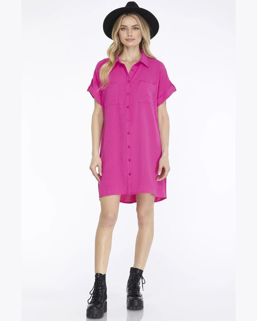 Button Up Woven Shirt Dress-Dresses-She + Sky-Small-Hot Pink-taninitrio