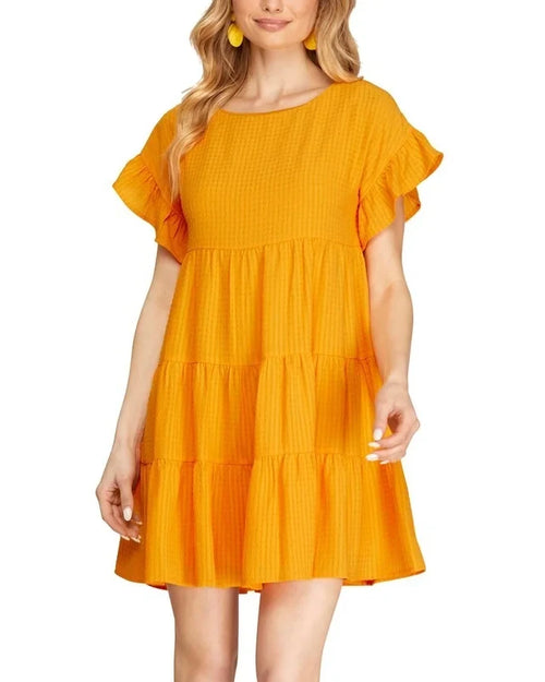 Ruffled Sleeve Textured Woven Dress-Dresses-She + Sky-Small-Gold-taninitrio