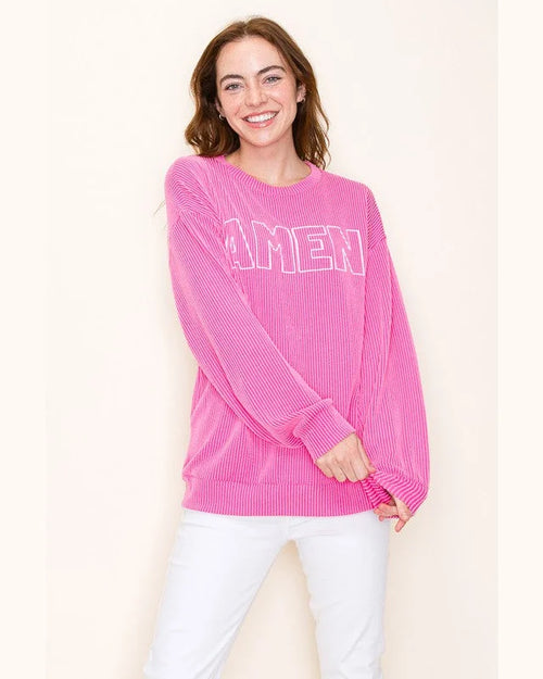 “Amen” Ribbed Sweatshirt-Sweatshirt-Très Bien-Small-Hot Pink-taninitrio