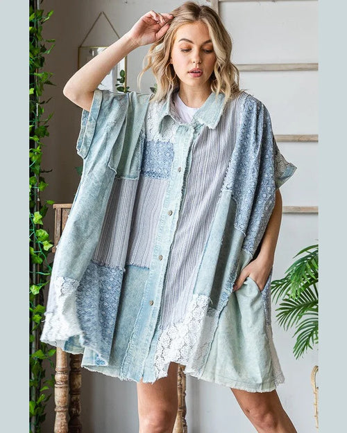 Mixed Fabric Shirt Dress-Dresses-Oli & Hali-S/M-Blue-taninitrio