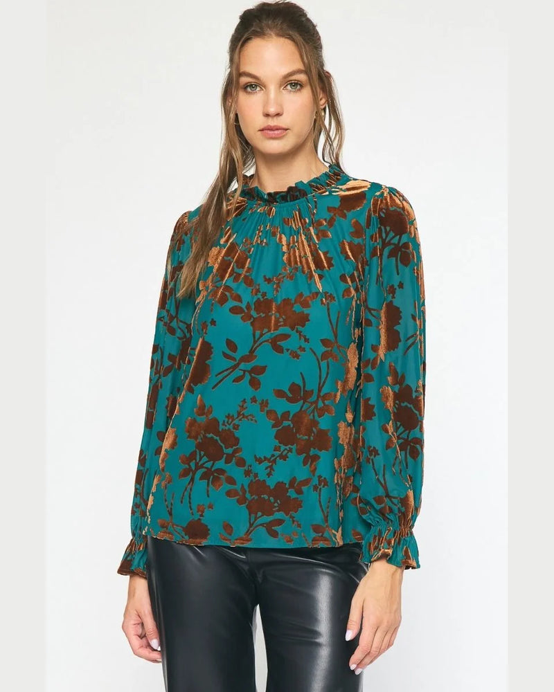 Velvet Floral Top-Tops-Entro-Small-Teal-taninitrio