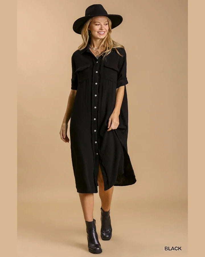 Button Up Gauze Dress-Dresses-Umgee-Small-Black-taninitrio