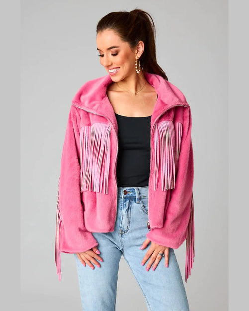 Skylar Fringe Faux Fur Jacket-Coats & Jackets-BuddyLove-Small-Hot Pink-taninitrio